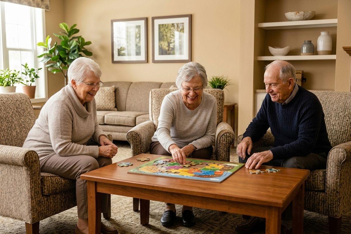 Three senior adults sitting on couches and solving a colorful jigsaw puzzle at a wooden coffee table in a cozy living room.