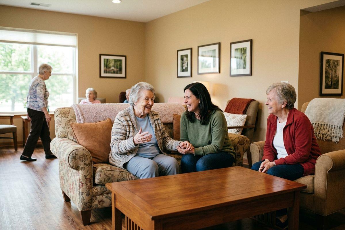 Smiling older adult participating in a group activity at a bright, welcoming Minnesota assisted living community.