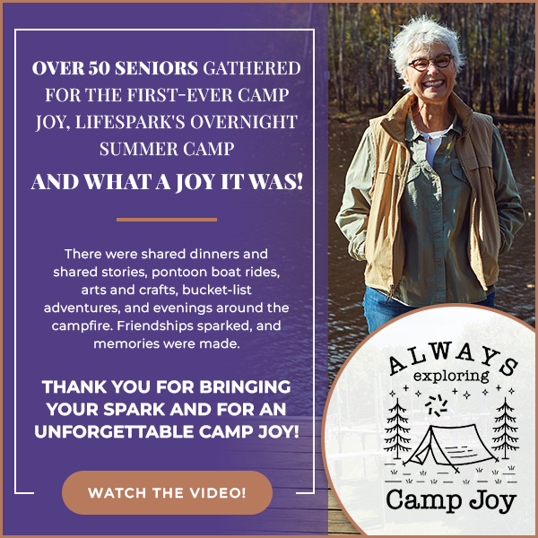 Promotional banner for Camp Joy's overnight summer camp for seniors; shows a smiling older woman outdoors and the Camp Joy logo.